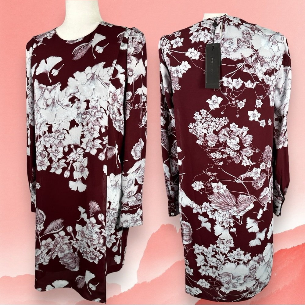 NWT BCBG Max Azria Ashton Port Burgundy Floral Long Sleeve Two Layer Dress XXS